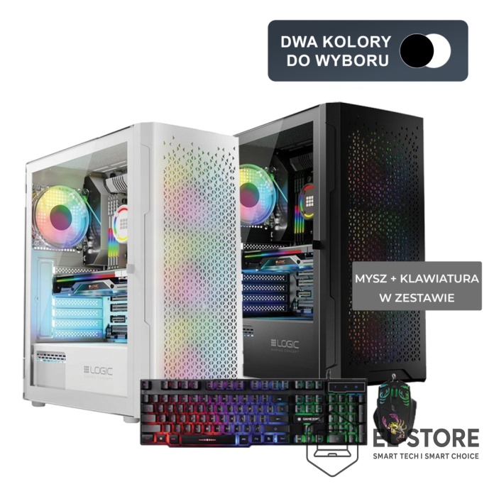 Komputer gamingowy Pricemax AX12 ARGB w białej obudowie z włączonym dynamicznym podświetleniem ARGB, prezentujący elegancki design.